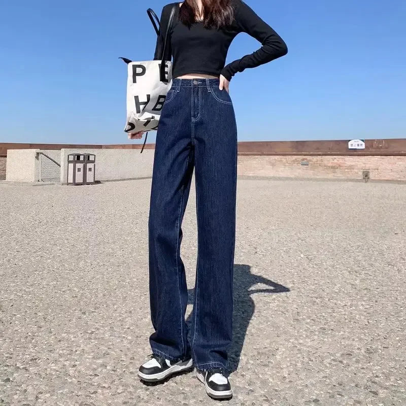 High Waist Loose Women's Jeans Straight Leg Wide Leg Pants