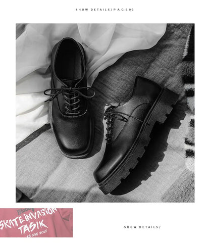 Men's Formal Shoes with Flat Heel Low Top Lace-up Solid Color Thick Sole Unique and Fashionable New Style Leather Shoes