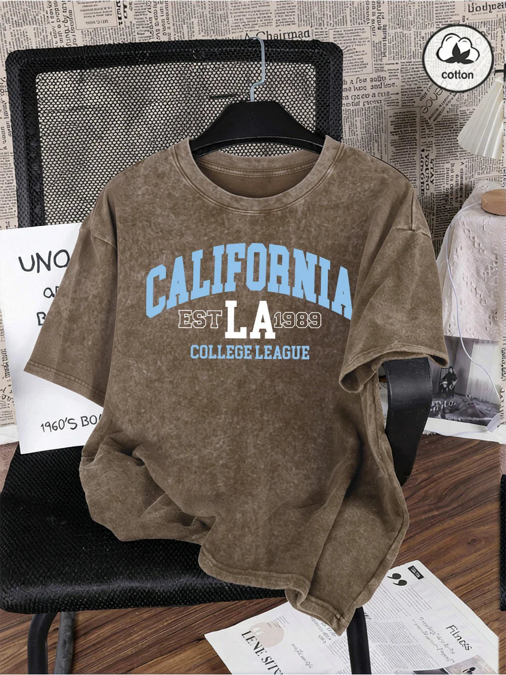 California College 1989 Printing Washed T-Shirts Mens Oversized Cotton T Shirts Summer O-Neck Short Sleeve Tops Casual Male Tees