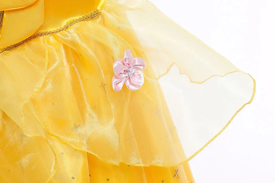 Beauty Belle Princess Cosplay Dress Girl Yellow Floral Off Shoulder Mesh Kid LED Light Halloween Costume Birthday Surprise Gift