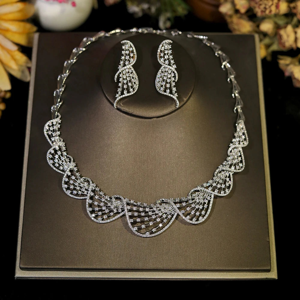 Luxury Crystal Jewelry Set Cubic Zirconia Circular Necklace Women Wedding Engagement Party Accessory for Dubai Bride