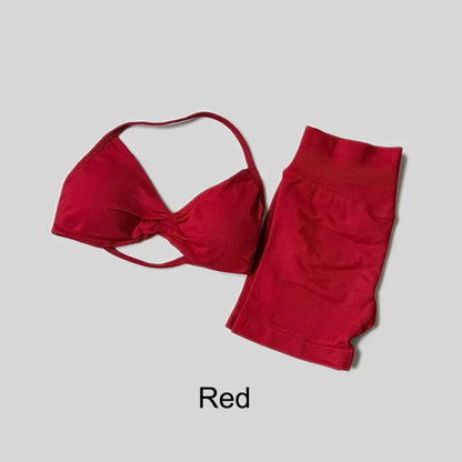 Yoga Set Fitness Gym Women Solid High Waist Peach Short Legging Halter Neck Sport Bra Athletic Gym Suit