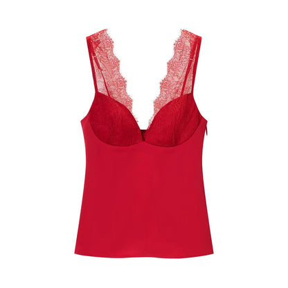 European and American style 25 winter new lace detail decoration heart-shaped neckline fine shoulder strap silk texture top