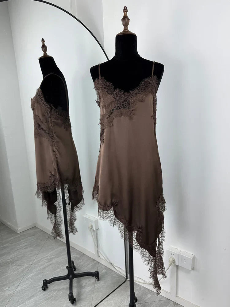 Lace Mini Spaghetti Strap Dress For Women Backless Slit Sexy Dress Evening Party Bodycon Female Elegant Dress High Waist