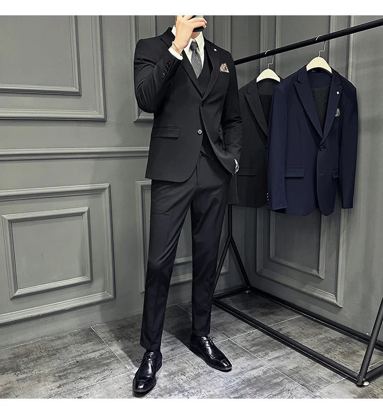 Slim Fit Men's Three Piece Suit Thin Single Button Notch Lapel Casual Fashion Cotton Blend Spring Autumn Wear for Youth