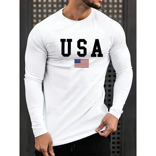 2026 American Flag Print Men's Long Sleeve T-shirt, Autumn and Winter Daily Warm Men's Shirt, Street Fashion T-shirt
