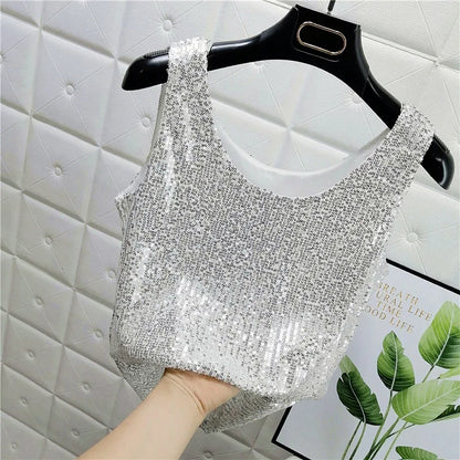 Sparkling Sequins Round Neck Vest Women's Outer Wear 2022 Summer New Bright Silk Fashion Glitter Bottoming Shirt Suspender Top