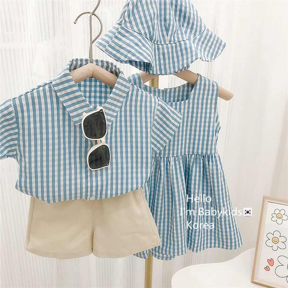 RAISE 2026 Summer Toddler Sibling Attire Fisherman's Hat Plaid Baby Girl Sundress Suits T-shirt Solid Shorts Infant Boy Outfits