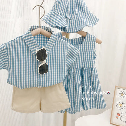 RAISE 2026 Summer Toddler Sibling Attire Fisherman's Hat Plaid Baby Girl Sundress Suits T-shirt Solid Shorts Infant Boy Outfits