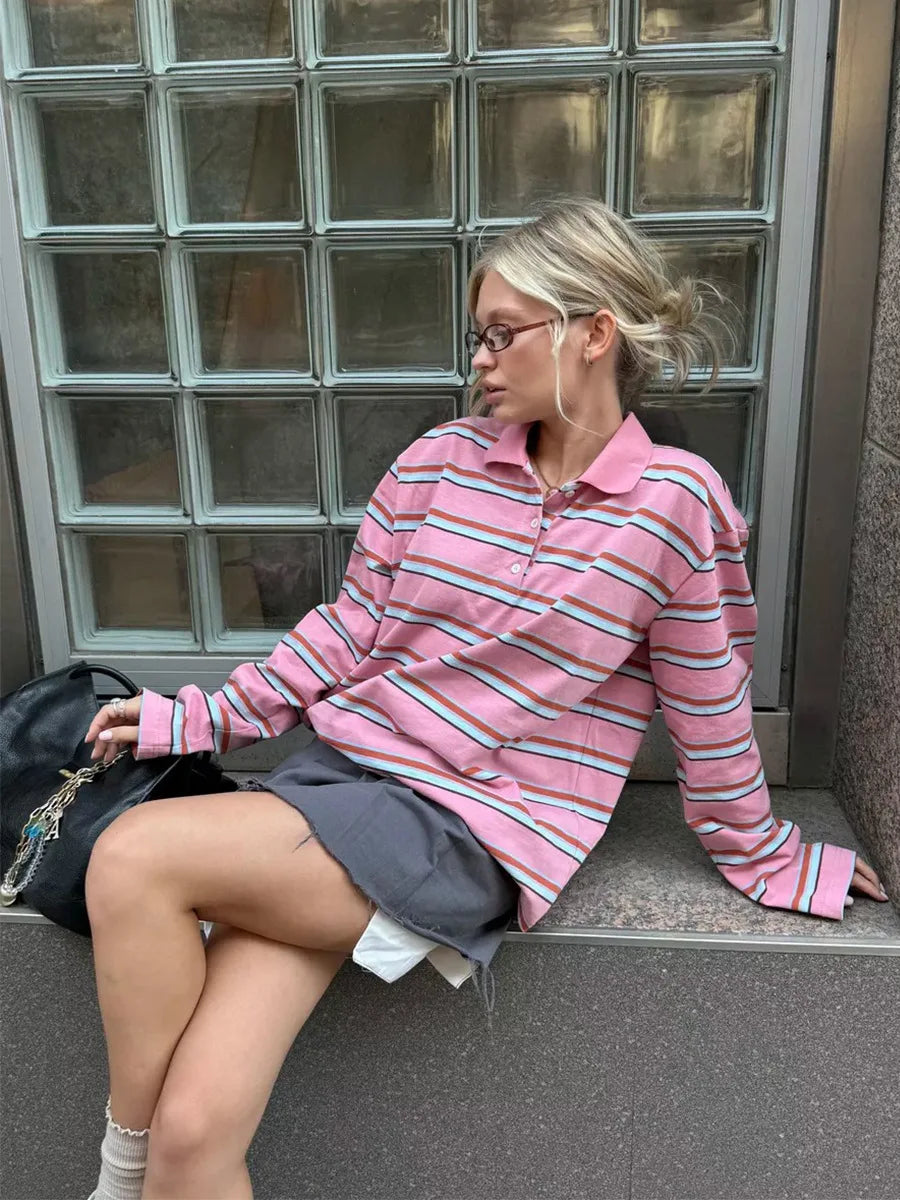 Autumn Casual Stripes Contrast Long-sleeved T-shirt Women Button Lapel Polo Shirt Tshirts New Streetwear Retro Chic Tops 2025