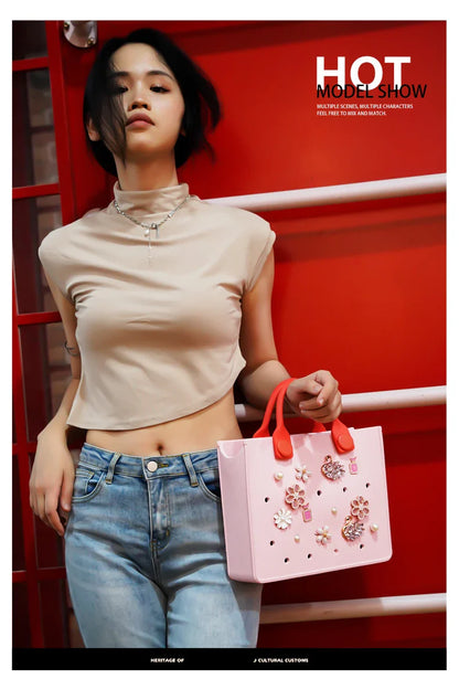 Large Leather Shoulder Bag Handbag Tote Bag Storage for Women Casual Waterproof Beach Bag Hole Fit Charm Fashion Storage Bag
