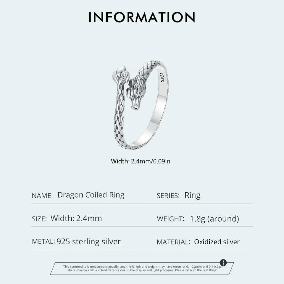 Vintage 925 Sterling Silver Dragon Opening Ring For Women Lucky Gothic Animal Stackable Rings Party Punk Hiphop Gift