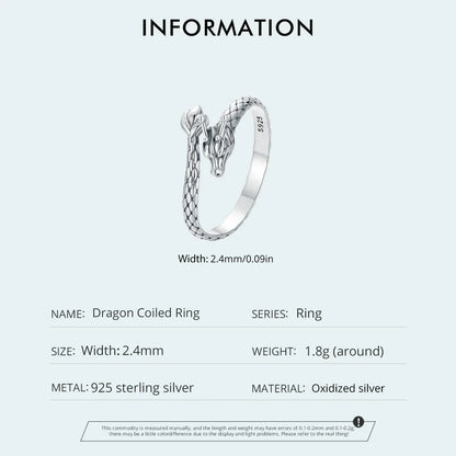 Vintage 925 Sterling Silver Dragon Opening Ring For Women Lucky Gothic Animal Stackable Rings Party Punk Hiphop Gift
