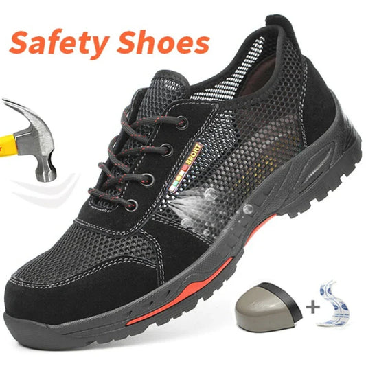 Summer Black Safety Shoes with Steel Toe Lightweight Mesh Ventilation  Puncture-proof Durable Impact-resistant Cool Comfortable