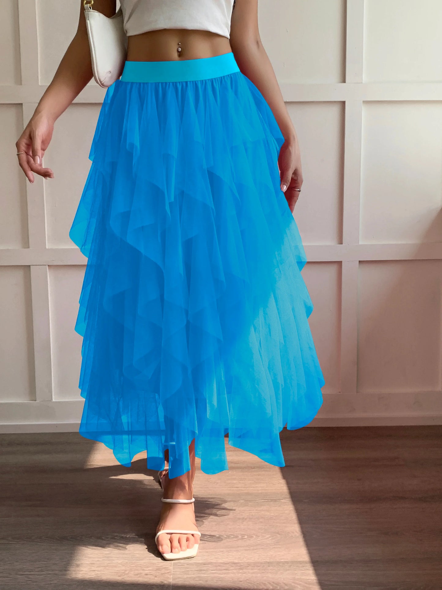 Medium waist chiffon long skirt for women, irregular layered pleated edge layered cake skirt, elegant fairy A-line skirt
