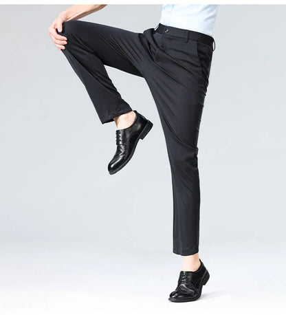 High-stretch fabric men's business trousers suitable for all seasons, featuring an elastic waistband and classic office/work for