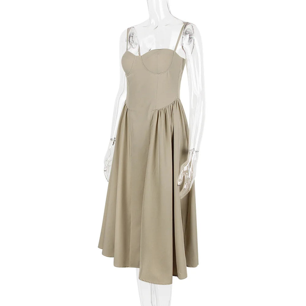 Women Elegant Sleeveless Backless Pleated Dresses Lady Sexy Solid Sling Midi Dress 2024 Female Party Evening A-line Robes