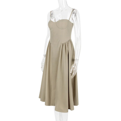 Women Elegant Sleeveless Backless Pleated Dresses Lady Sexy Solid Sling Midi Dress 2024 Female Party Evening A-line Robes