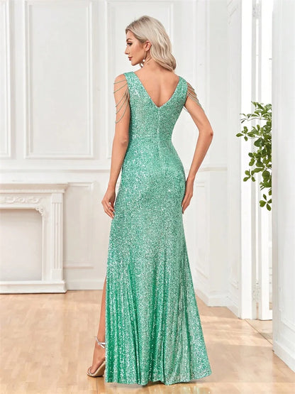 Elegant V-Neck Green Sequin Evening Dresses Long 2026 Luxury Women Formal Dress Wedding Party Prom Beading Gown