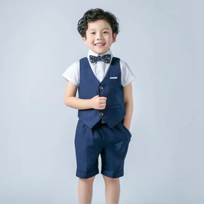 Boys Formal Birthday Photograph Suit Kids Summer Vest Shirt Short Bowtie Wedding Dress Teenager Suit Children Graduation Costume