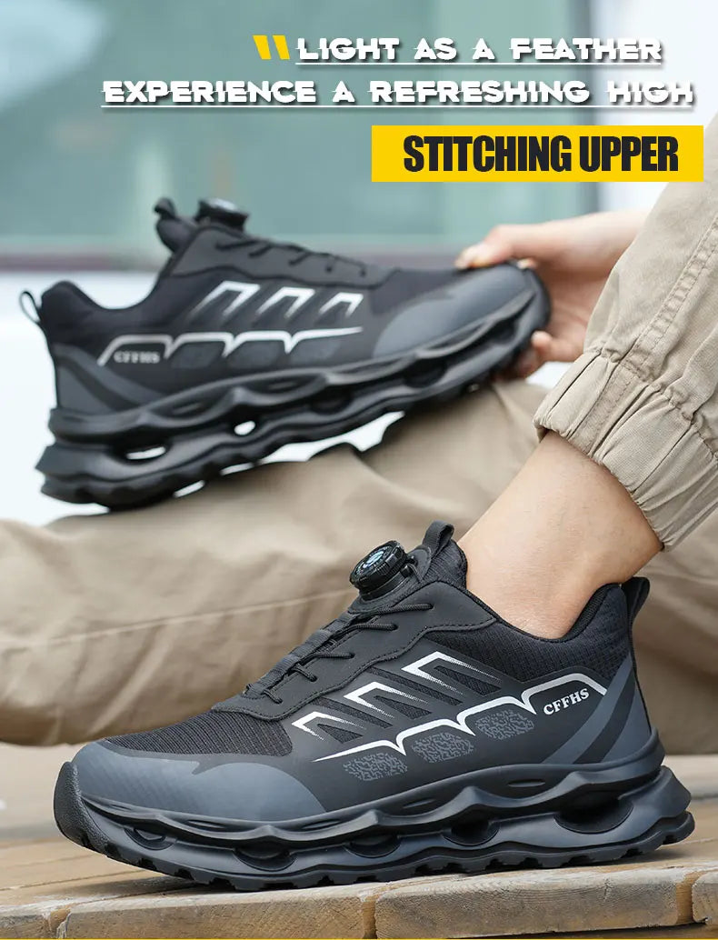 Shock Absorbing Safety Shoes for Men Steel Toe Lightweight Work Boots for Factory & Warehouse Rotary Button Indestructible Shoes