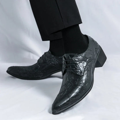 Men High Heeled Lace Up Derby Shoes PU Embossed Fashionable  Comfortable Business Formal Banquet Men Shoes