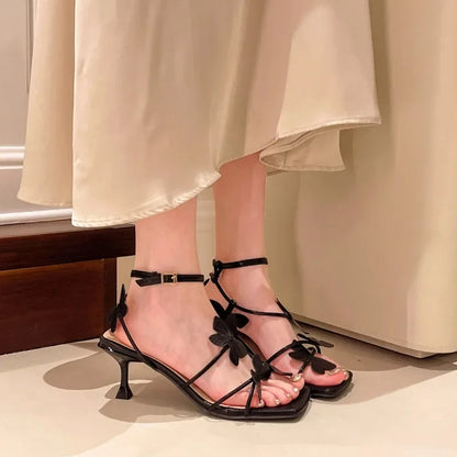 2025 Summer Butterfly Women's High Heel Sandals Square Toe Buckle Casual  Shoes Elegant Stiletto Heel Ankle Strap Party