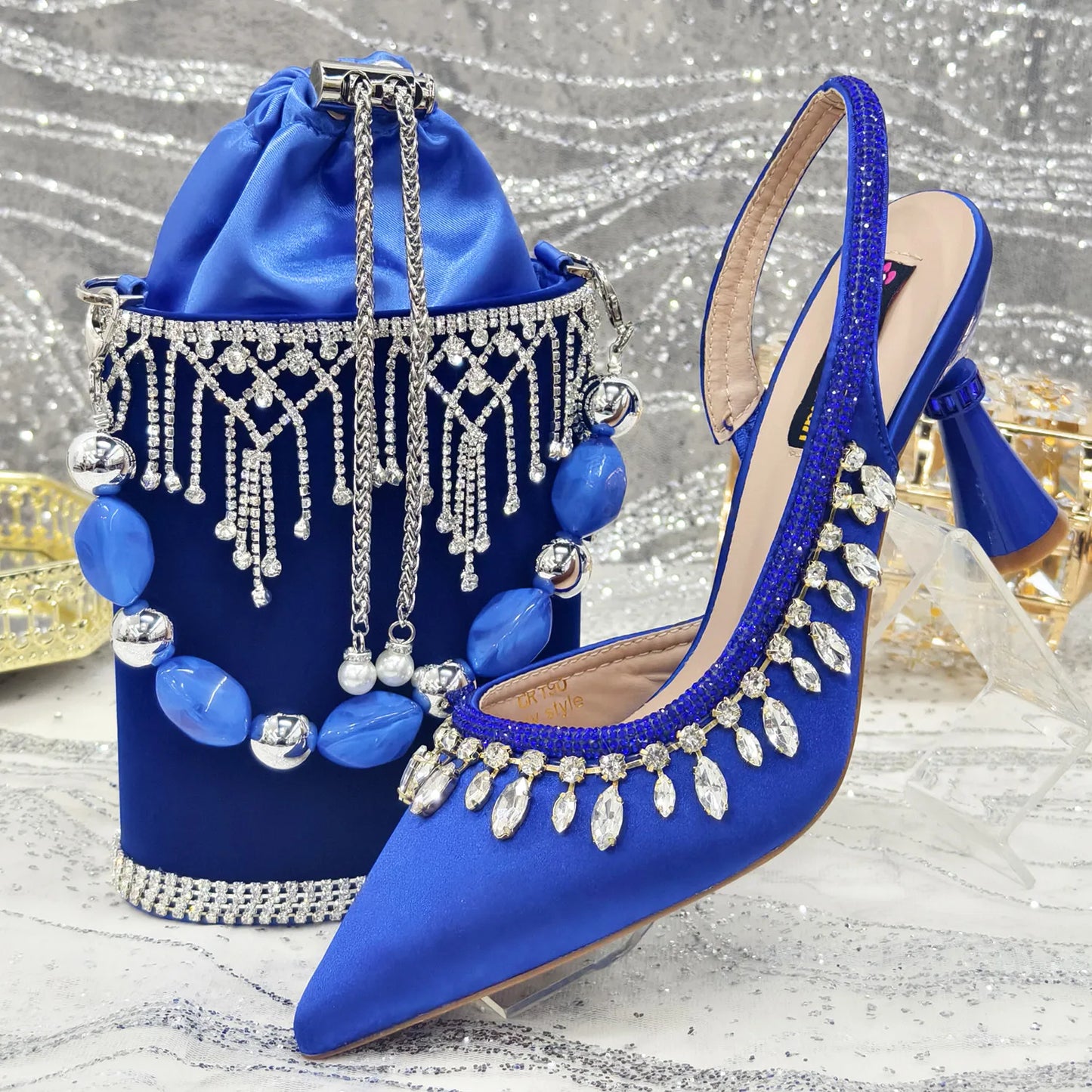 Pointed-Toe High Women Heels Shoes and Bags for Women Rhinestone Evening Party Elegant Luxury Handbag