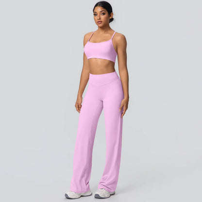 Women Gym Sports Yoga Suit Sexy Beautiful Back Yoga Underwear With Chest Pad Solid Color High Waisted Wide Leg Pants Yoga Set