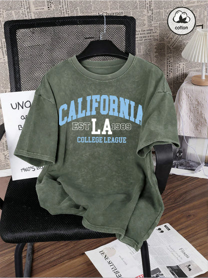 California College 1989 Printing Washed T-Shirts Mens Oversized Cotton T Shirts Summer O-Neck Short Sleeve Tops Casual Male Tees