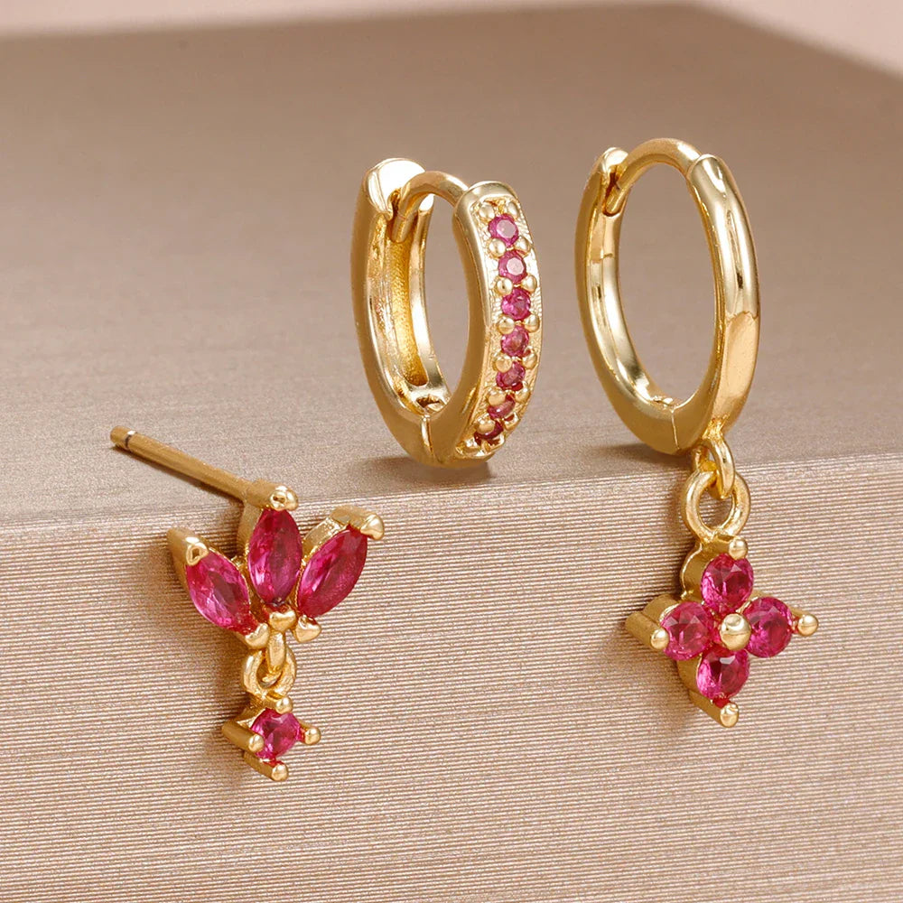 3PCS Fashion Orange Blue Zircon Hanging Earrings Set for Women Stainless Steel Flower Dangle Earring Piercing Jewelry