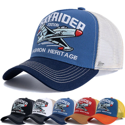 New Style Breathable Mesh Cap Outdoor Baseball Cap Men Women SKY RIDER Embroidered Pattern Snapback Trucker Hat Cap