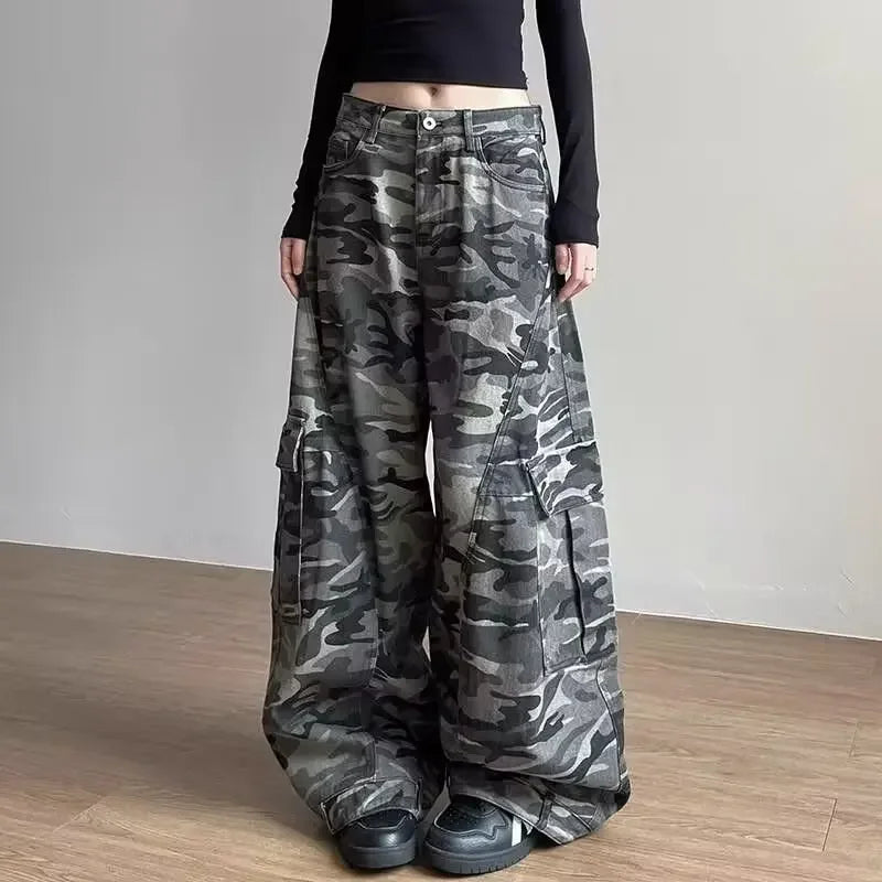 Retro Baggy Knife Edge Camouflage Denim Work Trousers