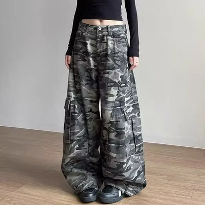 Retro Baggy Knife Edge Camouflage Denim Work Trousers