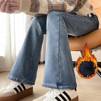Fashion New Women Warm Plush Flared Jeans Thermal Fleece Loose Denim Pants Female High Waist Urban Straight Flare Trouser