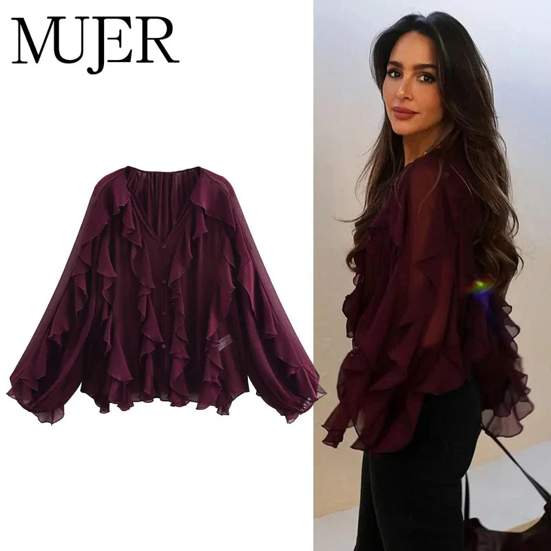 Ruffle Womens Blouses Semi Sheer Casual Blouses Woman Spring Fairy Shirts and Blouses for Lady Long Sleeve Tops Woman 2025