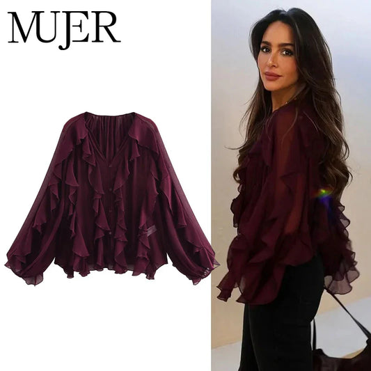 Ruffle Womens Blouses Semi Sheer Casual Blouses Woman Spring Fairy Shirts and Blouses for Lady Long Sleeve Tops Woman 2025