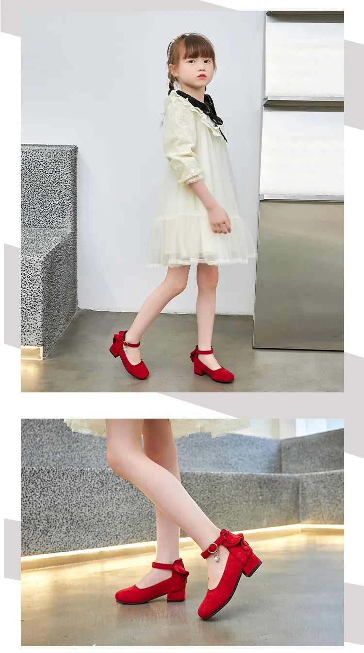Little Girls Leather Shoes High Heel Baby Girls Party Shoes Bowknot Kid High Heel Shoes for 2023 Spring Princess Pink Shoes PU