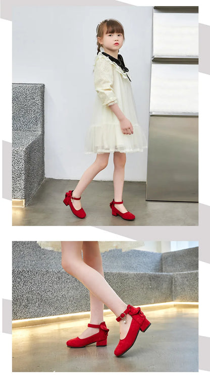 Little Girls Leather Shoes High Heel Baby Girls Party Shoes Bowknot Kid High Heel Shoes for 2023 Spring Princess Pink Shoes PU
