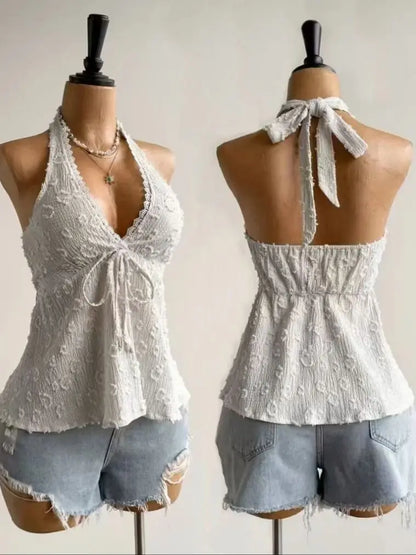 Ladies' Summer V-neck Lace Neck Strap Off Shoulder Leisure Vacation Easter Beach Wear Music Festival Top
