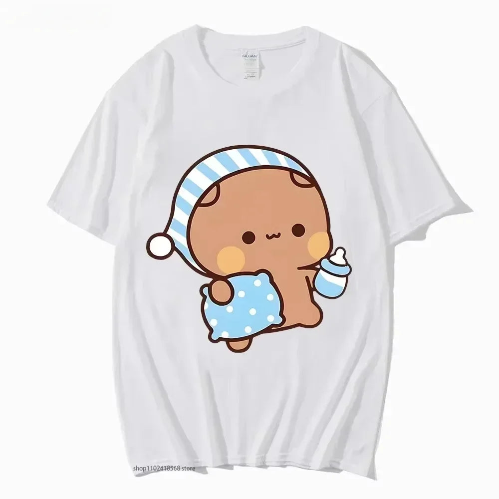 Couple Tshirt Cute BuBu Panda Going To Sleep with DuDu Bear Graphic Tshirt Women Clothes Sleeve Tops Women's Clothing