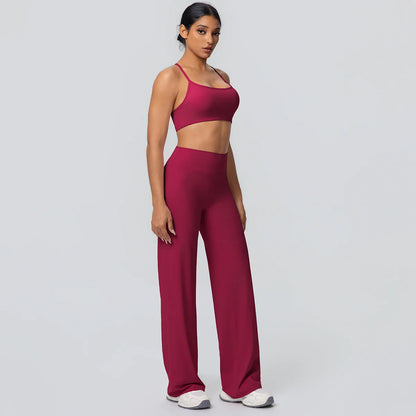 Women Gym Sports Yoga Suit Sexy Beautiful Back Yoga Underwear With Chest Pad Solid Color High Waisted Wide Leg Pants Yoga Set