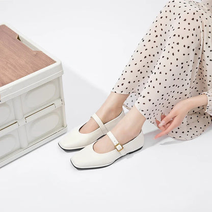 Mary Jane Shoes Female Genuine Leather 2026 New Snap Ballet Shoes Women Square Toe Flat Cowhide Ladies Shoes