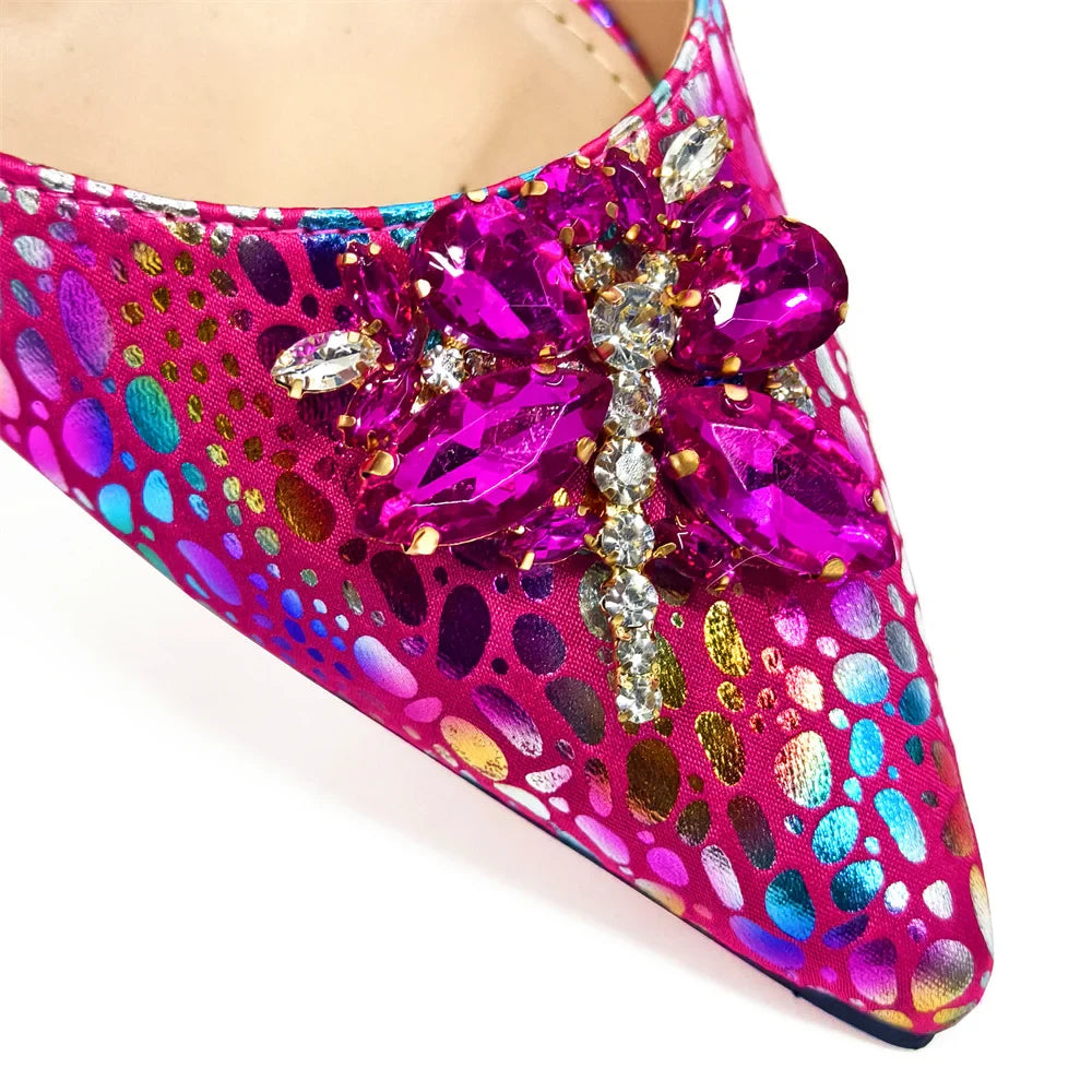 Champagne Color Thin Heels Pointed Toe Crystal Design Ladies Shoes Matching Bag Set For Women Weeding Party Pump