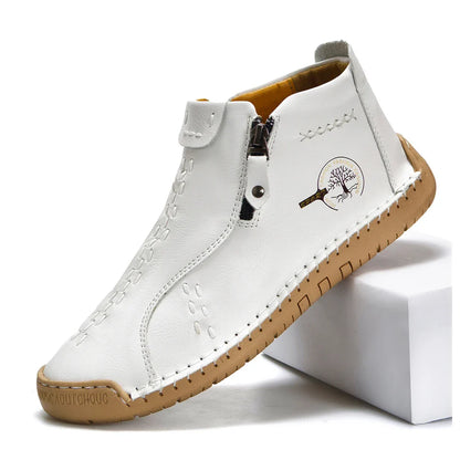 Sapatos Masculinos Clássicos de Couro Feitos à Mão, Design com Zíper, Tênis Esportivos para o Ar Livre, Sapatos Casuais Respiráveis com Elástico, Botas Masculinas de Couro no Tornozelo