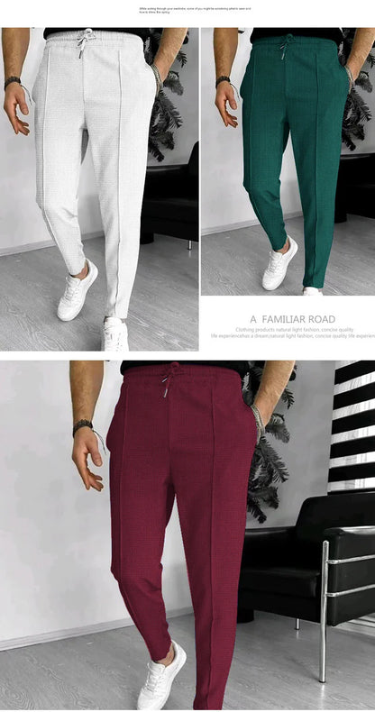 Mens Stylish Waffle Pants - Casual Sports Slim Fit with Adjustable Drawstring Secure Pockets for All Seasons - Perfect Outdoor