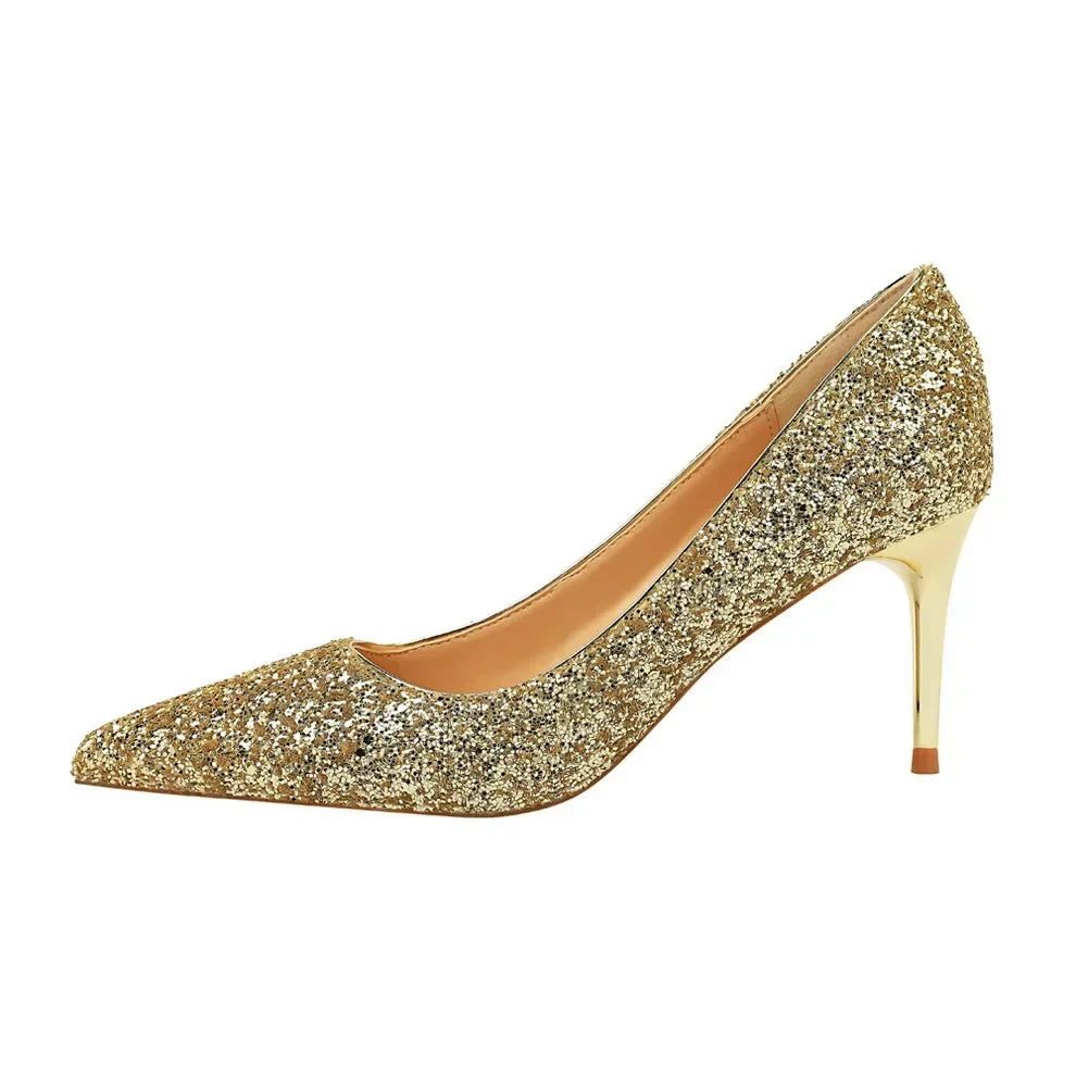 Women Luxury Bling Red  Blue Valentine Party Scarpins Pumps Lady Glitter Sequins 7cm 9.5cm High Heels Designer Shoes Plus Size