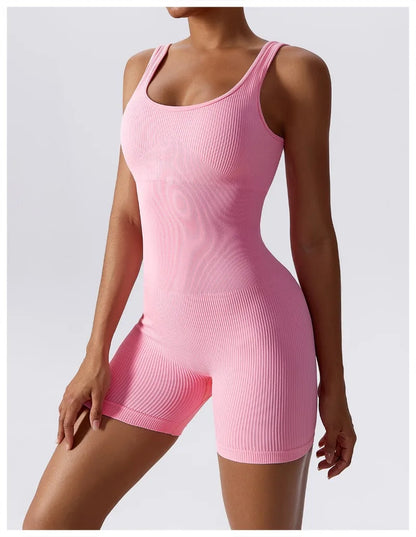 Women's Yoga Rompers One Piece Tummy Control Seamless Ribbed Jumpsuit Padded Sports Bra Workout Romper Fashion Fitness Sportwear