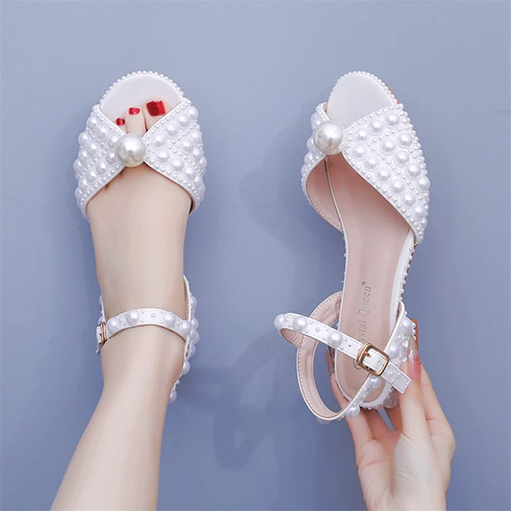 Summer new 2-cm square-heeled silk ribbon pearl rhinestone low-heeled wedding shoes beaded lace-up flat large-size women sandals