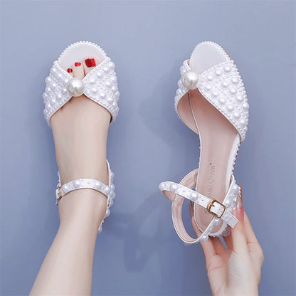 Summer new 2-cm square-heeled silk ribbon pearl rhinestone low-heeled wedding shoes beaded lace-up flat large-size women sandals